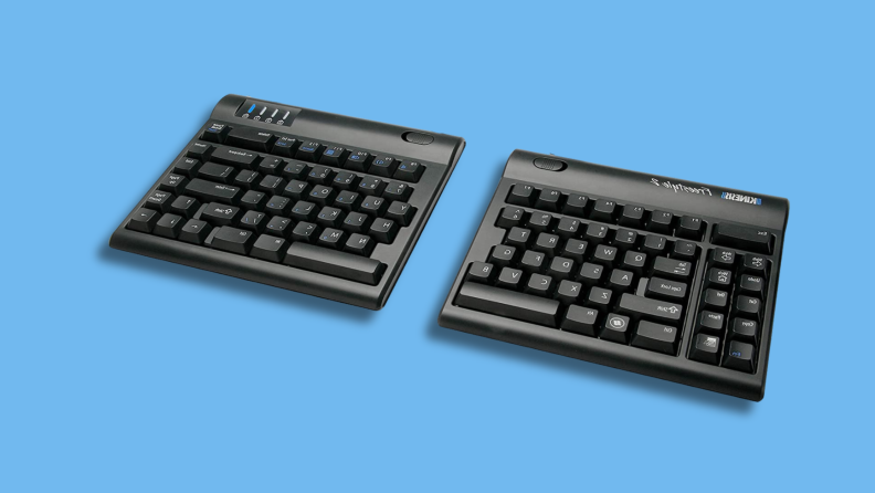 The KINESIS Freestyle2 Ergonomic Keyboard on a blue background.