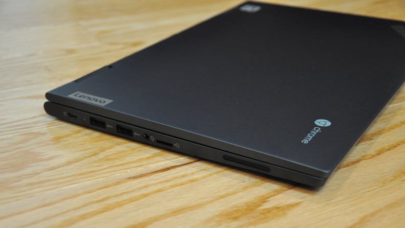 A detail photograph of the Lenovo ThinkPad C13 Yoga Chromebook shows its ports.