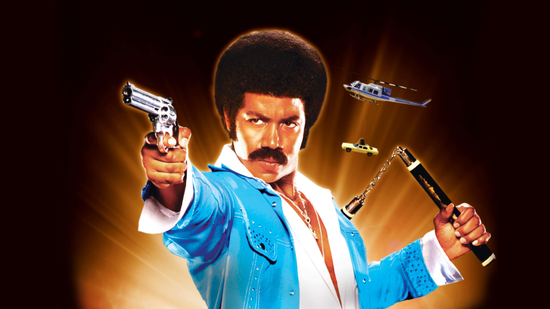 Actor Michael Jai White poses with a revolver and nunchucks for the cover of the 2009 comedy Black Dynamite.