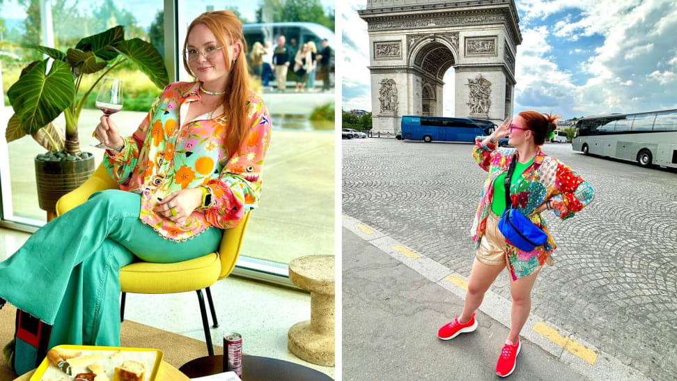 A photograph of the author wearing a colorful printed shirt and green pants, and another photo of the author wearing a printed top with shorts and red sneakers.