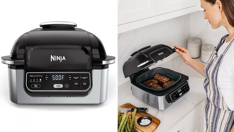 A person prepares food using a Ninja indoor grill.