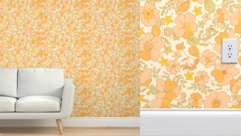 An orange, yellow and pink muted floral wallpaper with a white couch.