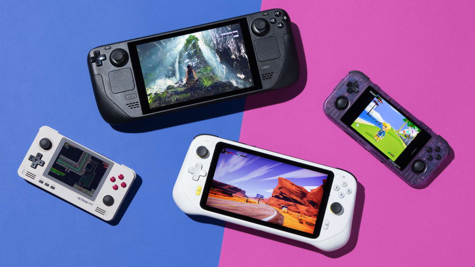 A variety of handheld gaming devices next to each other