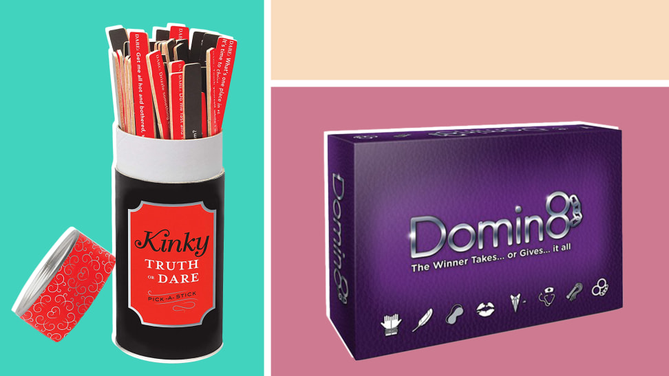 red and black Kinky Truth or Dare game and purple Domin8 game on a color-block background.