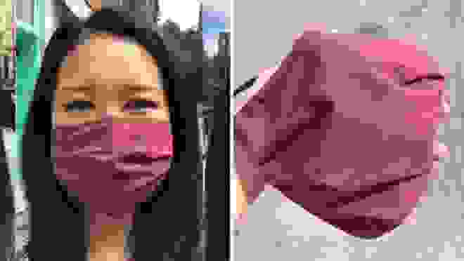 On left, woman wearing burgundy cloth face mask outdoors. On right, close up of burgundy cloth face mask.