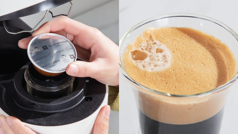 Left: hand inserting Nespresso Vertuo pod into machine. Right: frothy cup of Nespresso coffee
