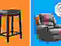 Black barstool and brown recliner in front of orange and blue background