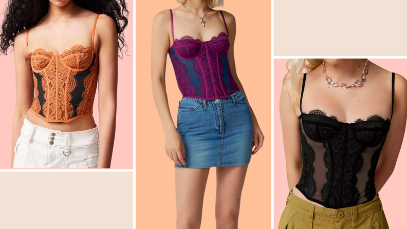 Lace corset top in different colors; orange, purple, and black