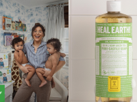 Woman holding two children in nursery / A bottle of Dr. Bronner's soap with a green label