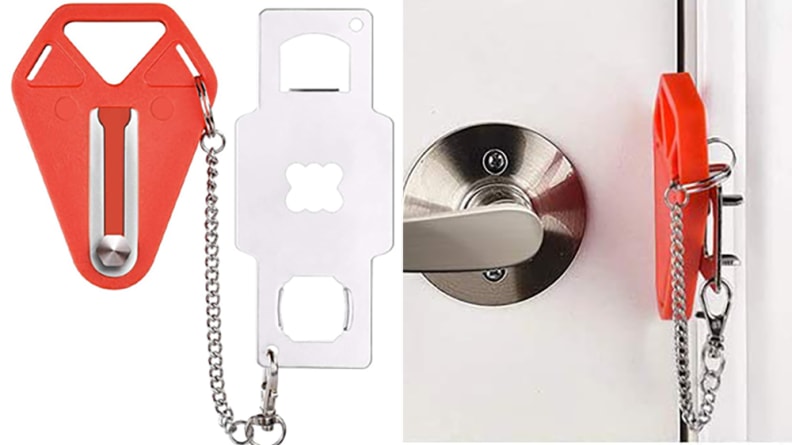 Portable lock shoved inside a door.
