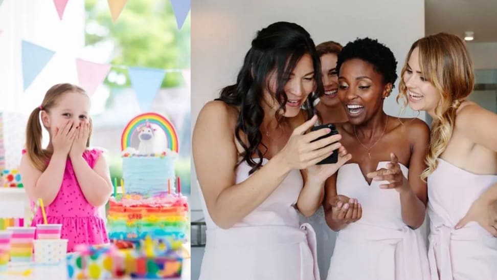 A little girl celebrating her birthday and four bridesmaids looking at a smartphone.