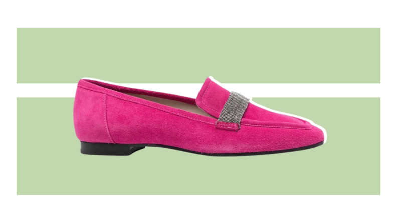 Bright pink suede loafers.
