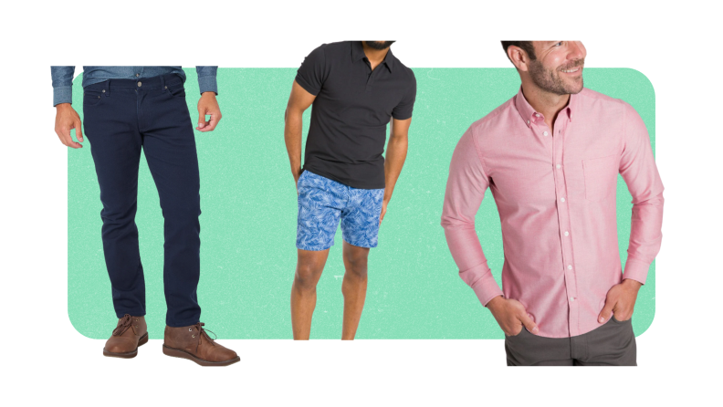 Blue printed shorts, a solid pink button-up shirt, and dark blue jeans.