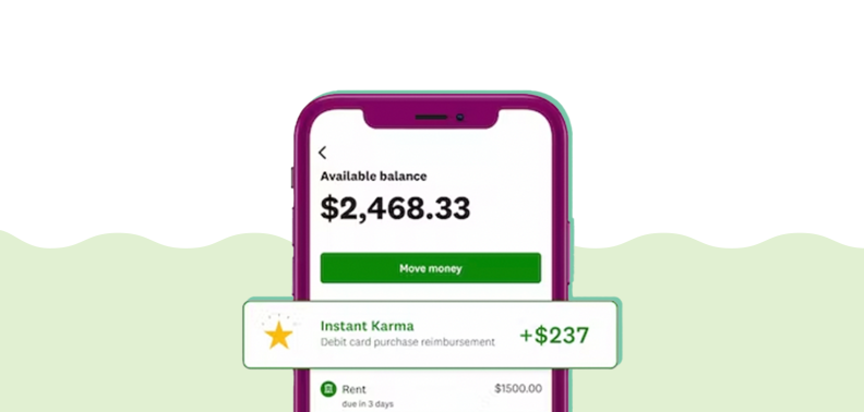 A smart phone displaying the Credit Karma app in which the user gained 'instant karma' money.
