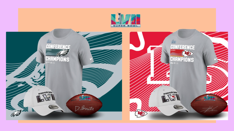 On right, Philadelphia Eagles team apparel including t-shirt, baseball hat and signed football. On right, Kansas City Chiefs team apparel including t-shirt, baseball hat and autographed football.