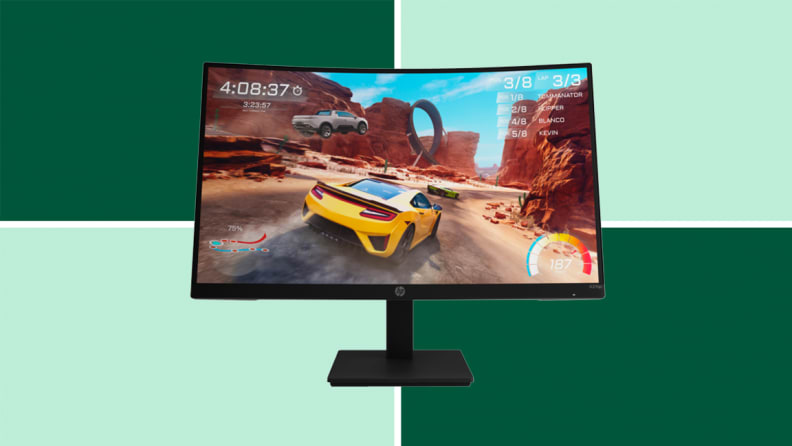 Image of a black gaming monitor with a game screen displayed.