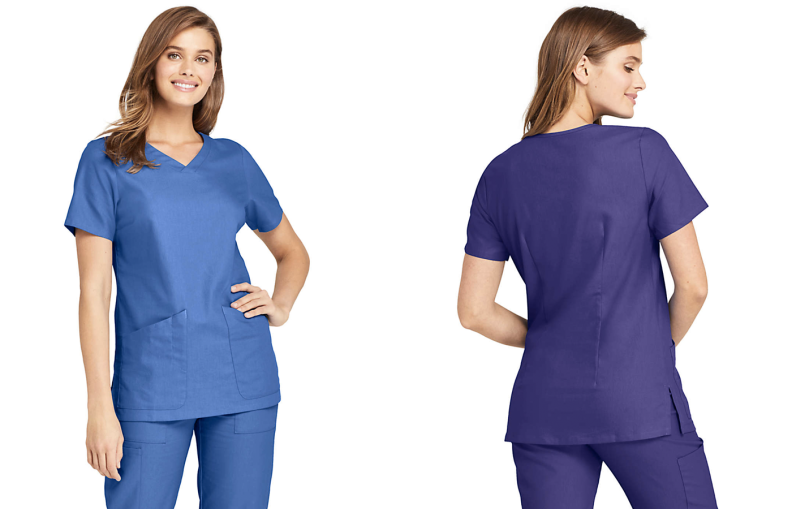 Two images of a woman wearing scrubs