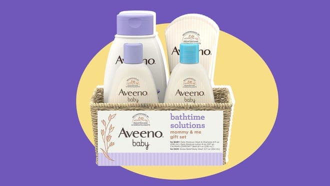 aveeno bathtime set with soaps and lotions