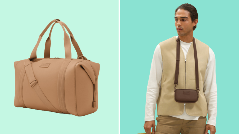 A camel-colored duffel bag, and a man wearing a brown phone sling.