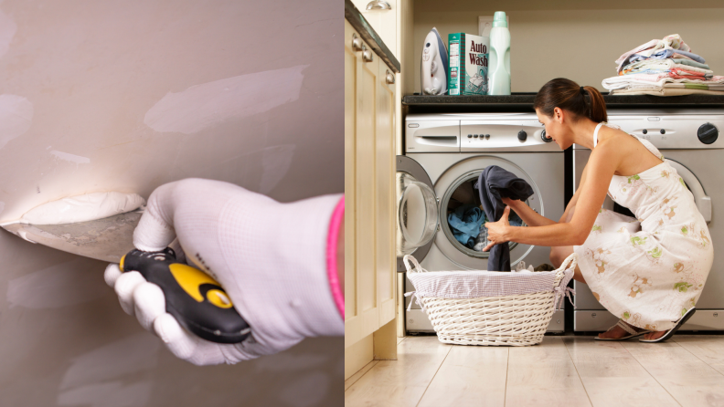 On left, gloved hand using spackle and putty knife to patch up hole in wall. On right, woman in white dress bending down in front of washer machine to load clothes into the drum.