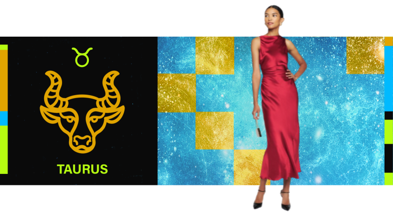 On the left is the symbol for Taurus, and on the right is a model wearing a red silk dress.