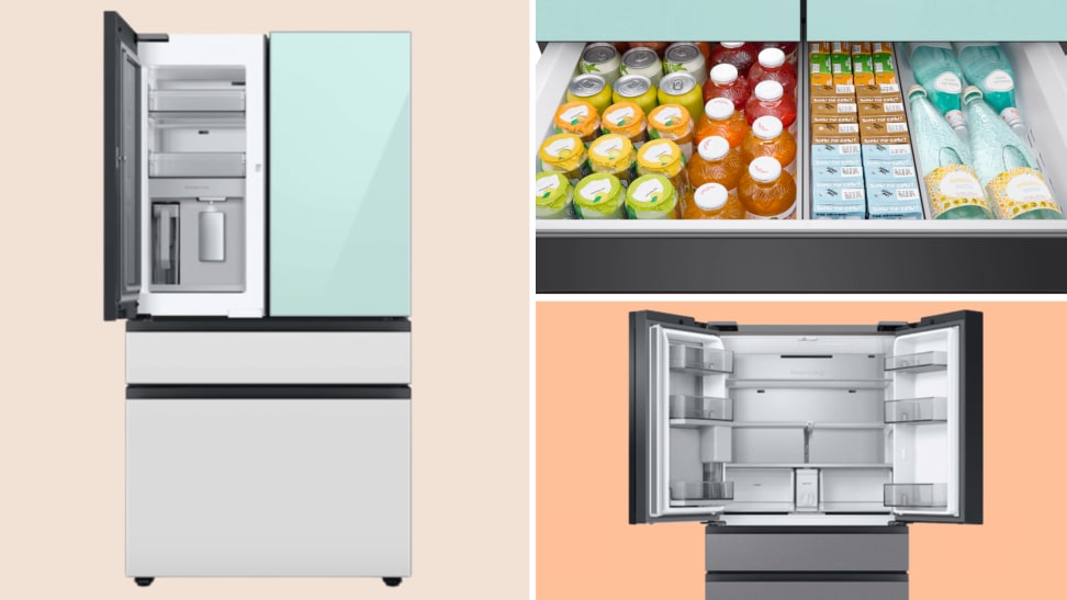 A French-door Samsung fridge on colored background.