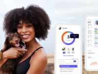 A woman holding a small brown dog outdoors next to two smartphone screens displaying detailed pet DNA test results.