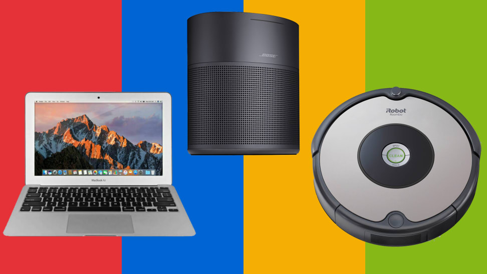 red, blue, orange, and green striped background with laptop, speaker, and robot vacuum on it