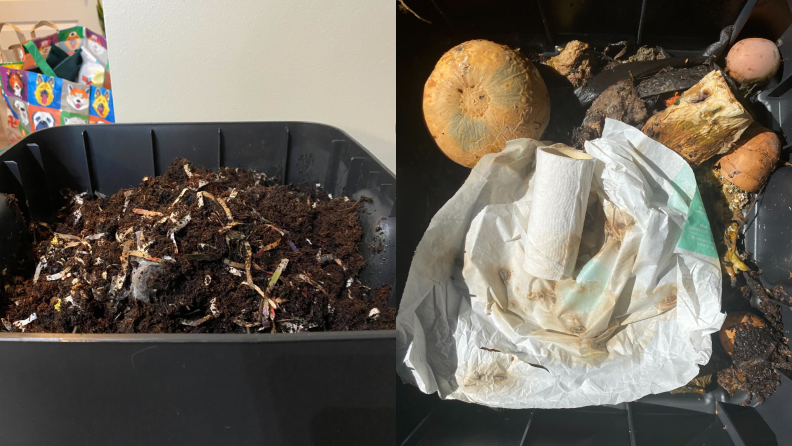 On left, compost soil in bin. On left, compost bin scraps.