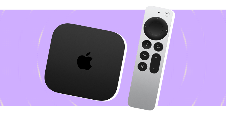 The Apple TV 4K with the remote on a purple background.