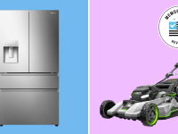 A Hisense French-door refrigerator on a blue background next to an EGO lawn mower on a pink background with a circular badge that says Memorial Day
