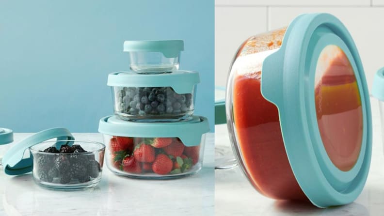 blue glass food storage containers on white surface.