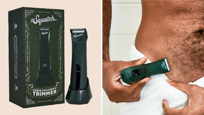 A green body hair trimmer next to the box it comes in, and a photo of a man using it to trim his body hair.