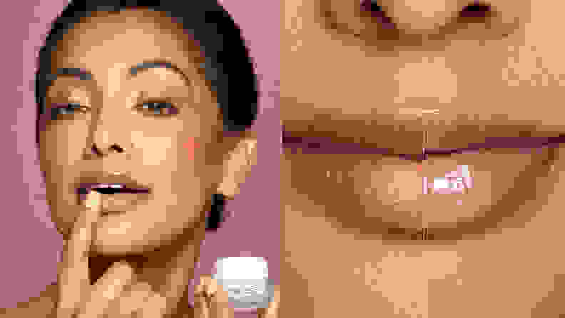 On the left: The model looking at the camera and using one hand to hold the white jar of lip balm and a finger on the other hand to apply it to the lips. On the right: A person's lips with lip mask on one side of their mouth and not on the other.