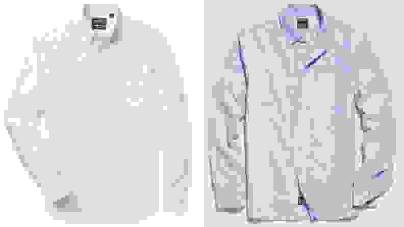 Photo of a white oxford button-down shirt made by Gitman Vintage, photo of a blue oxford button-down shirt made by Todd Snyder.