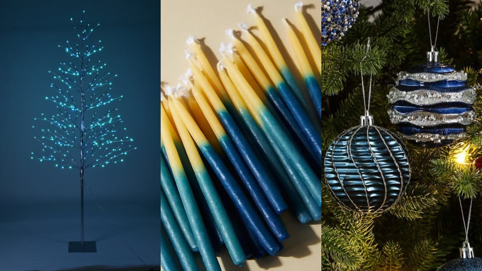 Three images of blue holiday items — a minimalistic Christmas tree, Hanukkah candles, and ornaments.