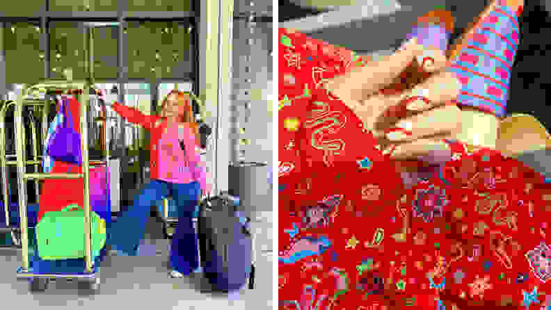 A photograph of the author wearing a bright pink and red printed top with colorful luggage, and also a close-up photograph of the red printed fabric of a Never Fully Dressed dress.