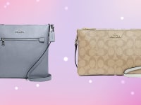 Blue and tan Coach satchels against a purple background.