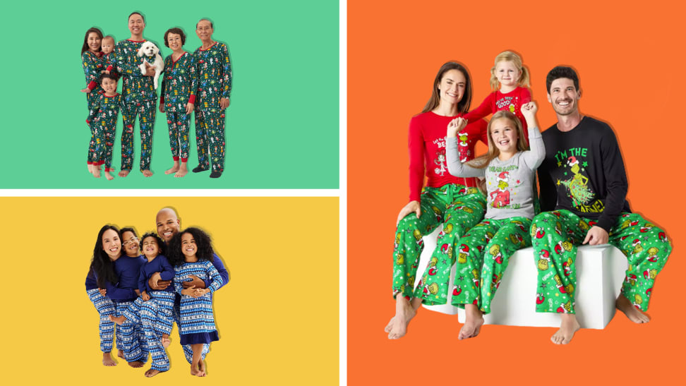 A selection of the best matching family Christmas pajamas on green, yellow, and orange background.
