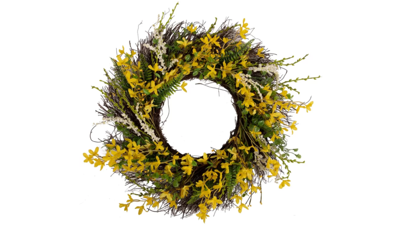 Forsythia wreath on a white background
