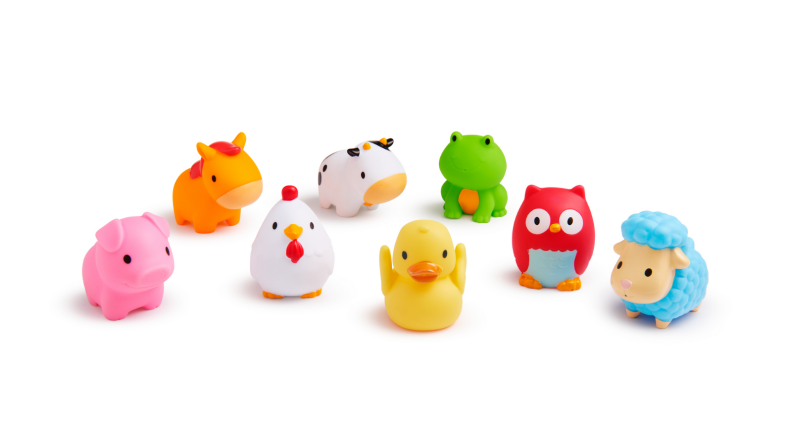 An image of 8 rubber bath toys shaped like tiny, cute animals.