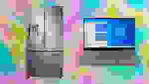 智能冰箱和笔记本电脑在彩色背景前。