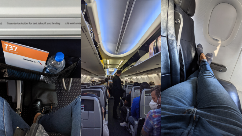 (left) A person's legs show the legroom available on an airplane. (center) People board an aircraft. (2) A person stretches their legs across several seats on an airplane.