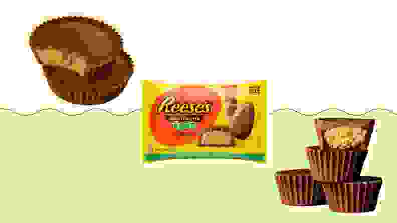 A full-sized Reese's cup, package of Reese's eggs, and pile of mini cups on a green and beige background