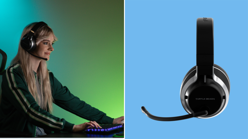 Split image of a person playing a game at their desk while wearing the Turtle Beach Stealth Pro gaming headset and a product image of the headset in profile.