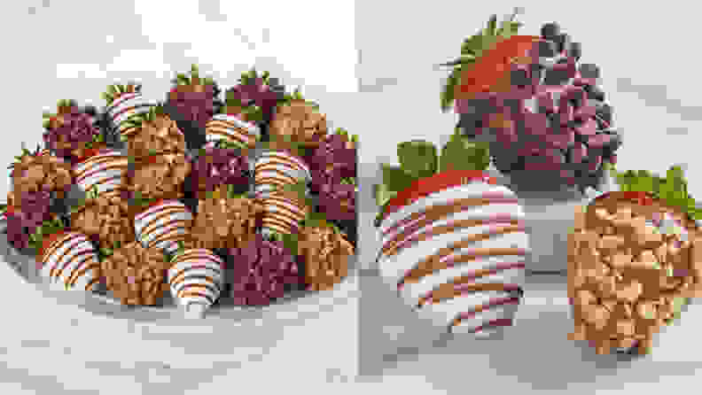 Left: dish of chocolate covered strawberries. Right: close-up of three chocolate covered strawberries with varying toppings.