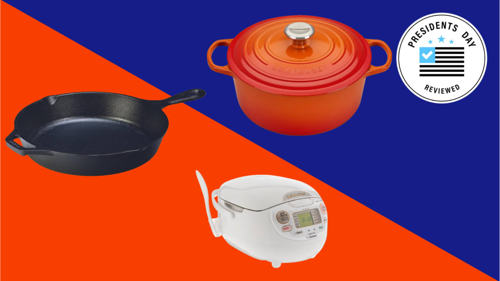 A collage with a rice cooker, a Le Creuset Dutch oven, and more with a Presidents Day badge in the corner.