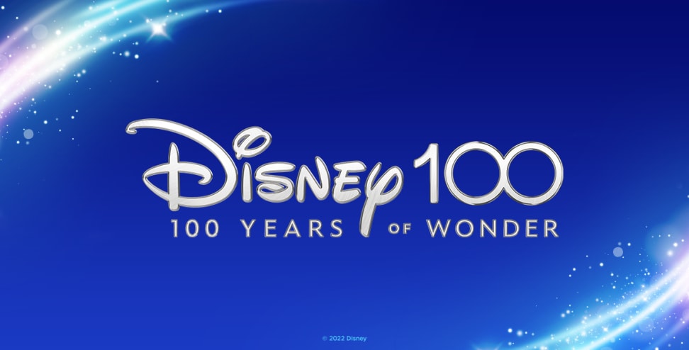 Logo of Disney 100 against blue background with light blue sparkle effects