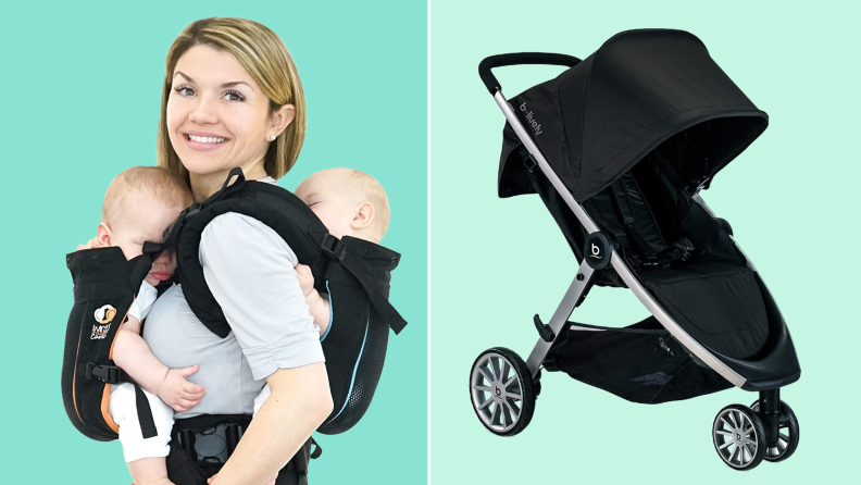 On left, person smiling while two twin babies sleep inside the TwinGo carrier. On right, product shot of the Britax B-Lively Lightweight Stroller.
