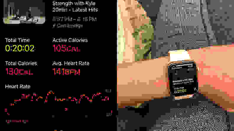 Apple Fitness workout summary on screen and apple watch